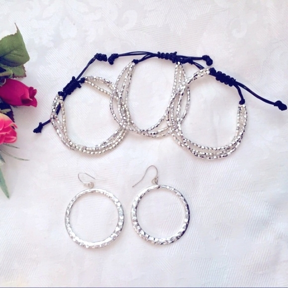 NWOT 3 Express Silver Bead Bracelets Hammered Hoop - Picture 2 of 8